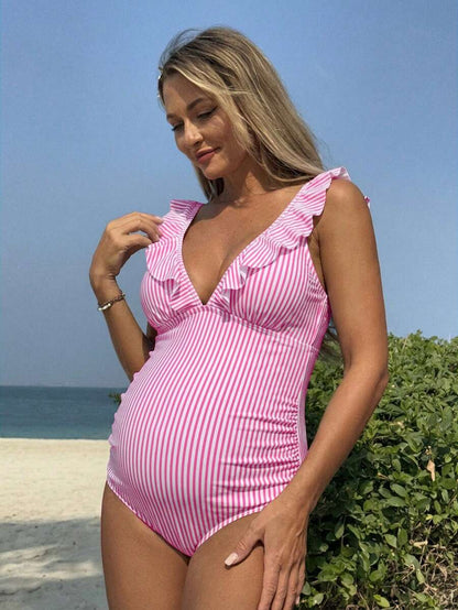 Blue & White Striped Elegant Romantic One-Piece Swimsuit, Suitable For Vacations, Mothers, Pregnant Women