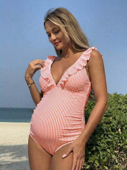 Maternity One-Piece Swimsuit - V Neck, Striped, Twist, High Stretch, Removable Padding, Orange