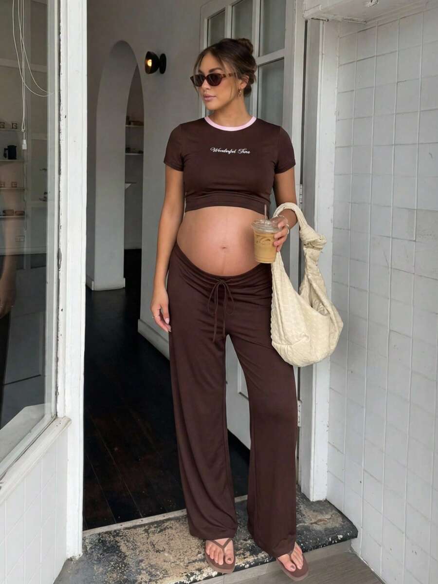 Brown Maternity Two Piece Set - Letter Embroidery Short Sleeve T-Shirt and Drawstring Pants - High Elastic Casual Summer Pregnancy Outfit