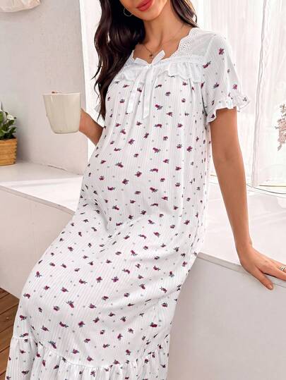 Maternity Jacquard Lace Trim Square Collar Bow Short Sleeve Nightgown Women Loose Fit Sleepwear