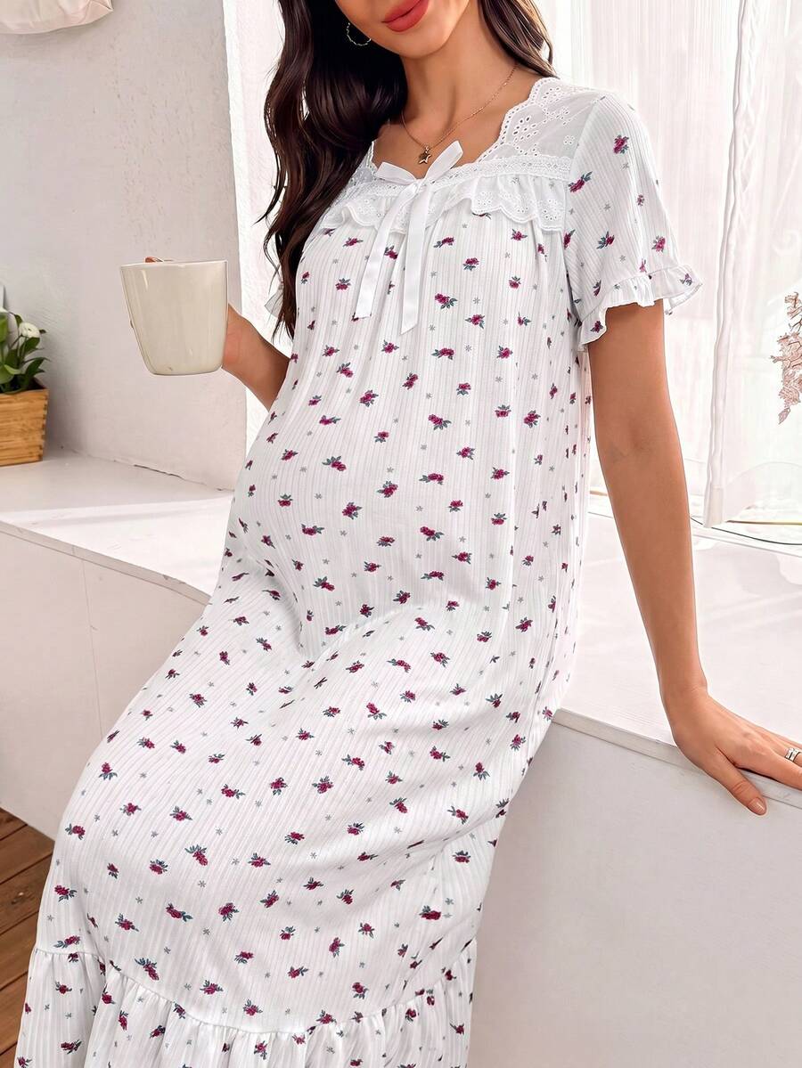 Maternity Jacquard Lace Trim Square Collar Bow Short Sleeve Nightgown Women Loose Fit Sleepwear