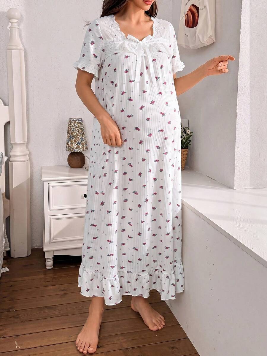 Maternity Jacquard Lace Trim Square Collar Bow Short Sleeve Nightgown Women Loose Fit Sleepwear