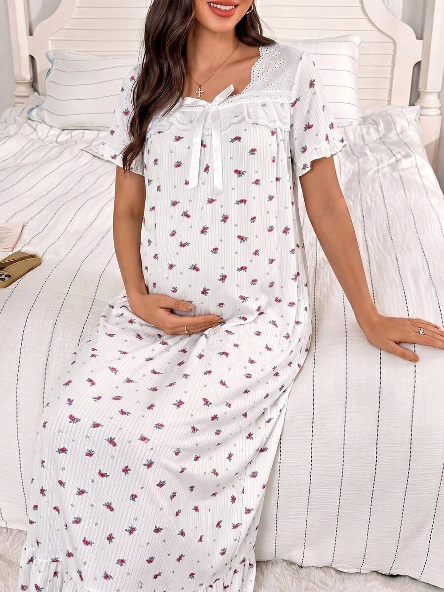 Maternity Jacquard Lace Trim Square Collar Bow Short Sleeve Nightgown Women Loose Fit Sleepwear