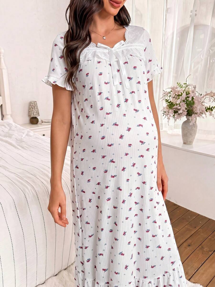 Maternity Jacquard Lace Trim Square Collar Bow Short Sleeve Nightgown Women Loose Fit Sleepwear
