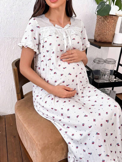 Maternity Jacquard Lace Trim Square Collar Bow Short Sleeve Nightgown Women Loose Fit Sleepwear