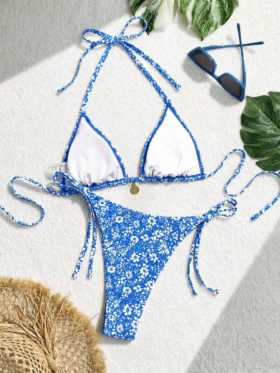 Swim Vcay Women's Summer Beach Floral Print Halter Tie Sexy Bikini Set, Random Print
