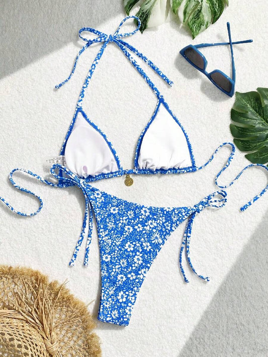 Swim Vcay Women's Summer Beach Floral Print Halter Tie Sexy Bikini Set, Random Print
