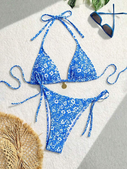 Swim Vcay Women's Summer Beach Floral Print Halter Tie Sexy Bikini Set, Random Print