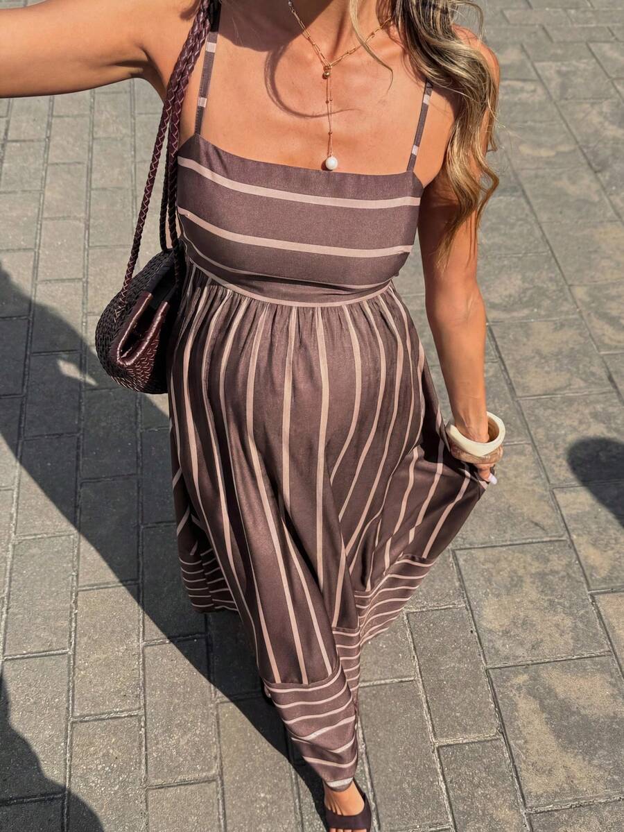 Brown Striped Maternity Cami Maxi Dress – Padded Spaghetti Strap High Waist Flared Long Sundress for Casual Summer Vacations