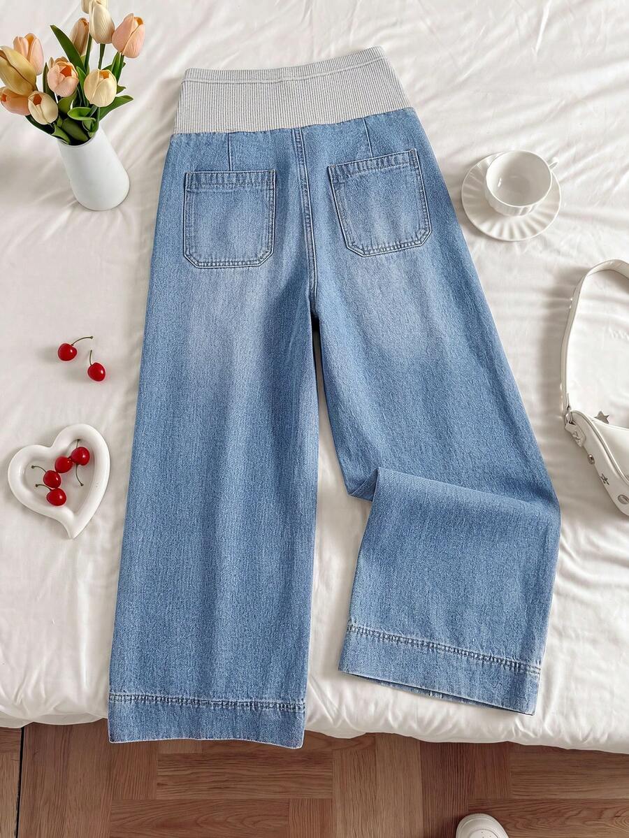 Light Wash Wide Leg Maternity Jeans with Ribbed Belly Band – Relaxed Fit Cropped Denim Pants for Casual, Office, & Streetwear