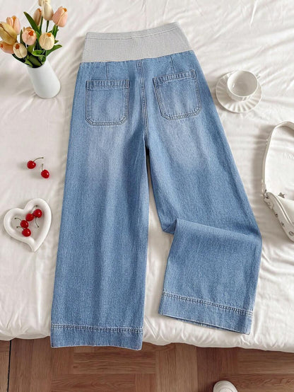 Light Wash Wide Leg Maternity Jeans with Ribbed Belly Band – Relaxed Fit Cropped Denim Pants for Casual, Office, & Streetwear