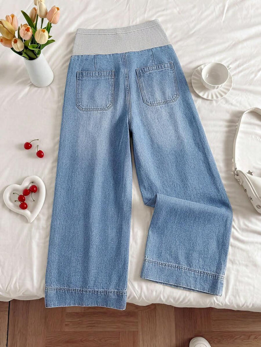 Light Wash Wide Leg Maternity Jeans with Ribbed Belly Band – Relaxed Fit Cropped Denim Pants for Casual, Office, & Streetwear