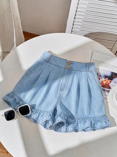 Blue Denim Maternity Shorts with Ruffled Hem - Loose Fit Zipper Fly Mini Shorts - Casual Home and Daily Wear Cotton Blend Shorts