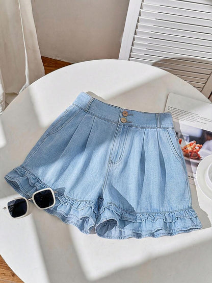 Blue Denim Maternity Shorts with Ruffled Hem - Loose Fit Zipper Fly Mini Shorts - Casual Home and Daily Wear Cotton Blend Shorts