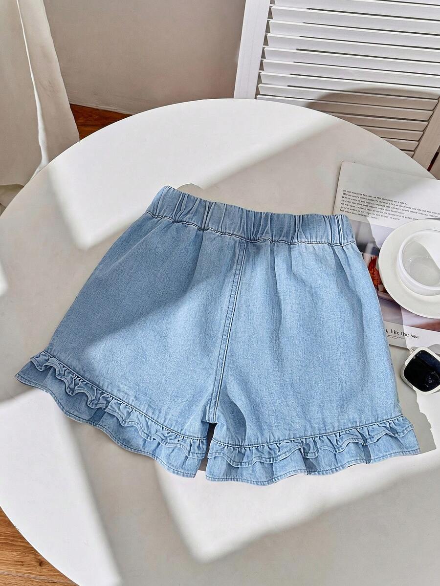 Blue Denim Maternity Shorts with Ruffled Hem - Loose Fit Zipper Fly Mini Shorts - Casual Home and Daily Wear Cotton Blend Shorts