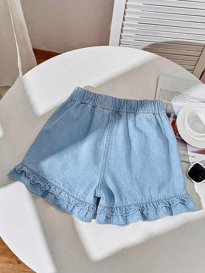 Blue Denim Maternity Shorts with Ruffled Hem - Loose Fit Zipper Fly Mini Shorts - Casual Home and Daily Wear Cotton Blend Shorts