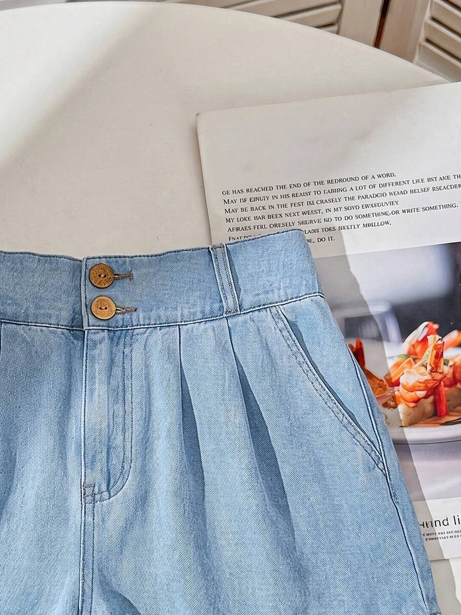 Blue Denim Maternity Shorts with Ruffled Hem - Loose Fit Zipper Fly Mini Shorts - Casual Home and Daily Wear Cotton Blend Shorts