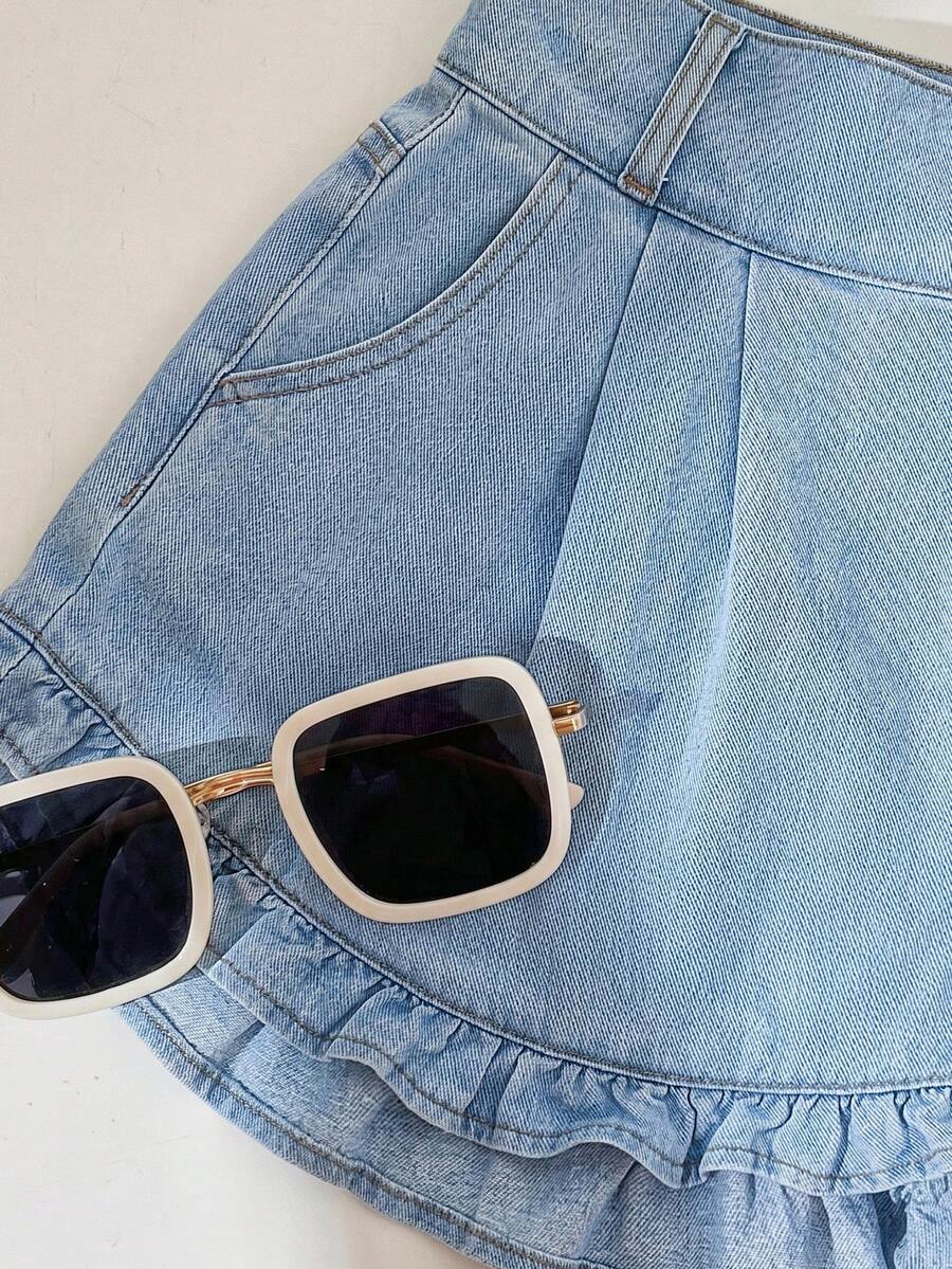 Blue Denim Maternity Shorts with Ruffled Hem - Loose Fit Zipper Fly Mini Shorts - Casual Home and Daily Wear Cotton Blend Shorts