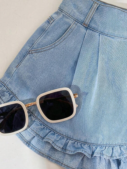 Blue Denim Maternity Shorts with Ruffled Hem - Loose Fit Zipper Fly Mini Shorts - Casual Home and Daily Wear Cotton Blend Shorts
