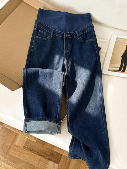 Maternity High Waist Washed Wide Leg Denim Jeans – Blue Patchwork Loose Fit Y2K Streetwear Pants for Daily Commute & Casual Chic