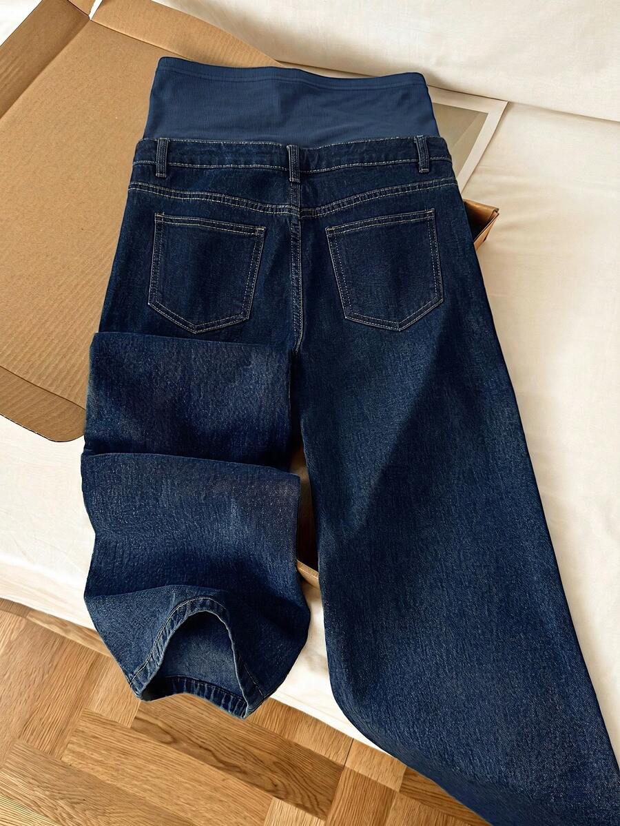 Maternity High Waist Washed Wide Leg Denim Jeans – Blue Patchwork Loose Fit Y2K Streetwear Pants for Daily Commute & Casual Chic