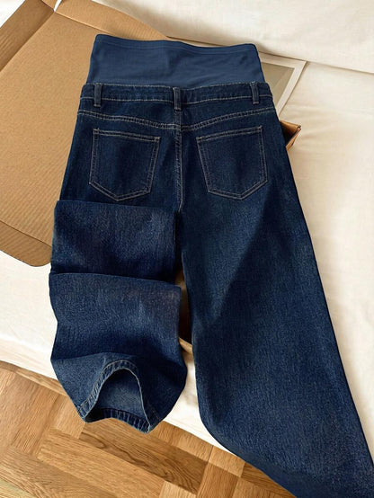 Maternity High Waist Washed Wide Leg Denim Jeans – Blue Patchwork Loose Fit Y2K Streetwear Pants for Daily Commute & Casual Chic