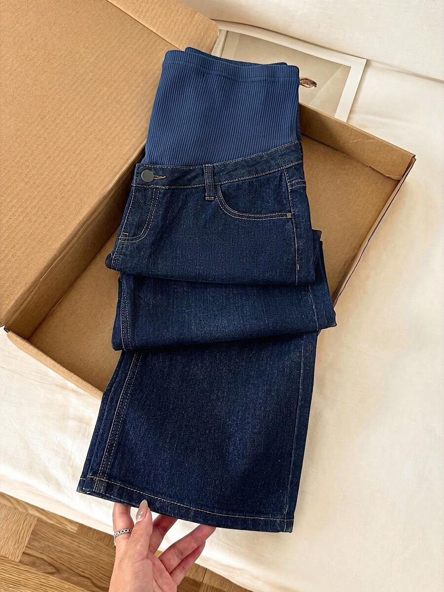 Maternity High Waist Washed Wide Leg Denim Jeans – Blue Patchwork Loose Fit Y2K Streetwear Pants for Daily Commute & Casual Chic