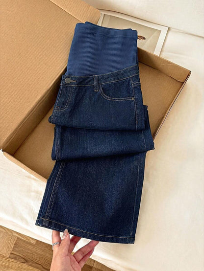 Maternity High Waist Washed Wide Leg Denim Jeans – Blue Patchwork Loose Fit Y2K Streetwear Pants for Daily Commute & Casual Chic