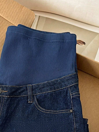 Maternity High Waist Washed Wide Leg Denim Jeans – Blue Patchwork Loose Fit Y2K Streetwear Pants for Daily Commute & Casual Chic