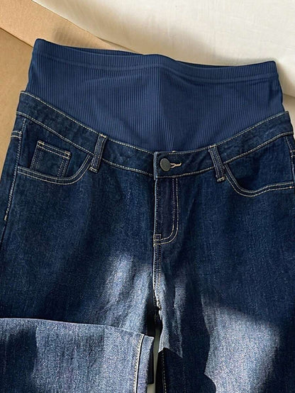 Maternity High Waist Washed Wide Leg Denim Jeans – Blue Patchwork Loose Fit Y2K Streetwear Pants for Daily Commute & Casual Chic