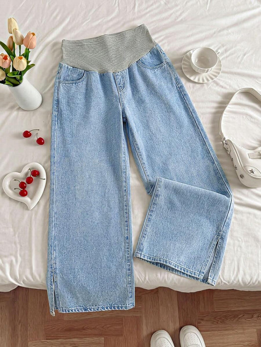 Light Wash Blue Maternity Wide-Leg Denim Jeans with Elastic Waist and Slant Pockets – Loose Fit Y2K Style Casual Maternity Streetwear