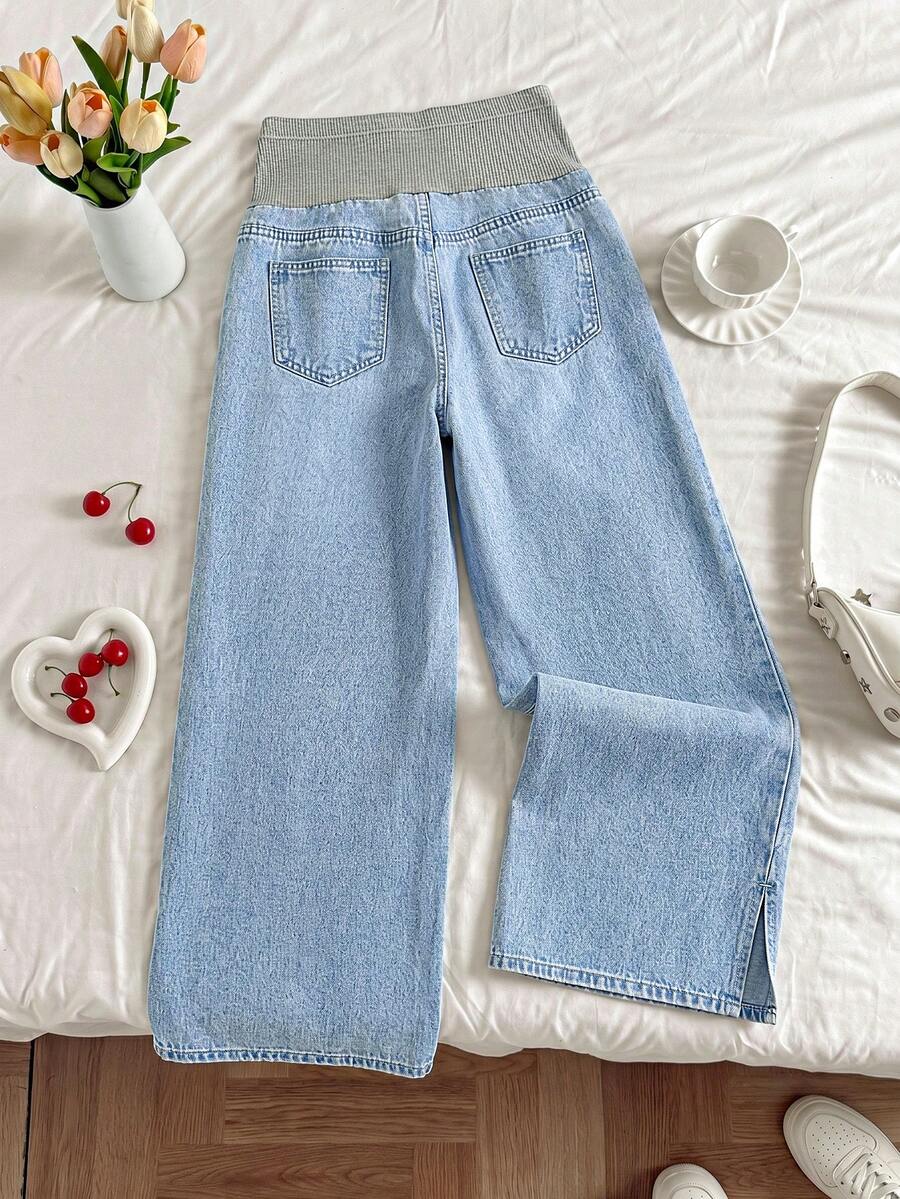 Light Wash Blue Maternity Wide-Leg Denim Jeans with Elastic Waist and Slant Pockets – Loose Fit Y2K Style Casual Maternity Streetwear