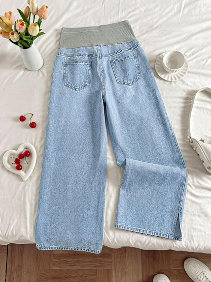 Light Wash Blue Maternity Wide-Leg Denim Jeans with Elastic Waist and Slant Pockets – Loose Fit Y2K Style Casual Maternity Streetwear