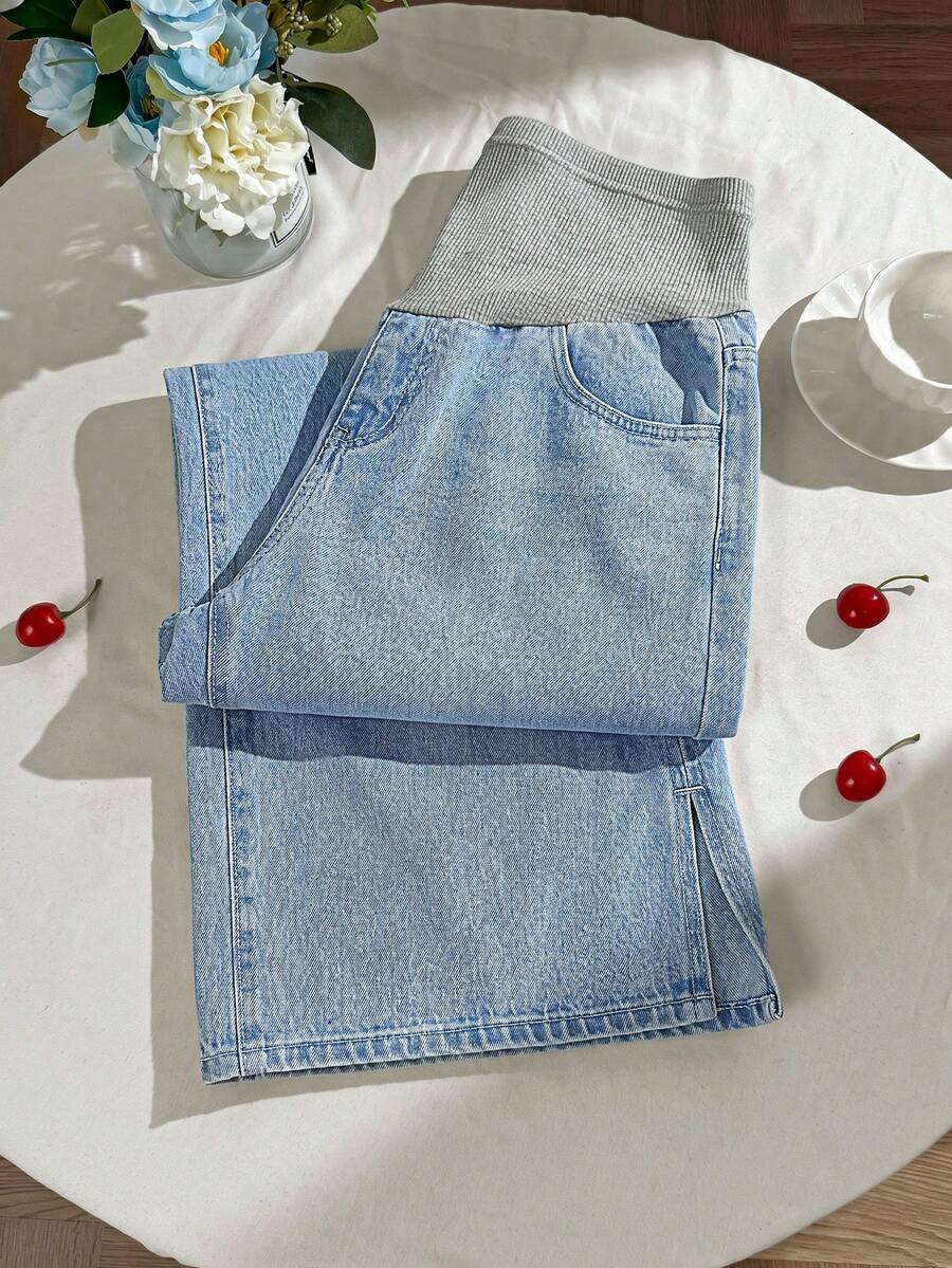 Light Wash Blue Maternity Wide-Leg Denim Jeans with Elastic Waist and Slant Pockets – Loose Fit Y2K Style Casual Maternity Streetwear