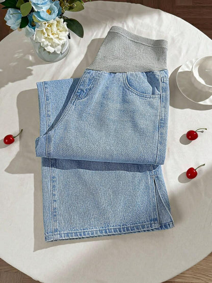 Light Wash Blue Maternity Wide-Leg Denim Jeans with Elastic Waist and Slant Pockets – Loose Fit Y2K Style Casual Maternity Streetwear