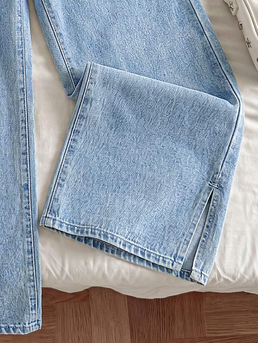 Light Wash Blue Maternity Wide-Leg Denim Jeans with Elastic Waist and Slant Pockets – Loose Fit Y2K Style Casual Maternity Streetwear