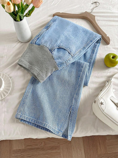 Light Wash Blue Maternity Wide-Leg Denim Jeans with Elastic Waist and Slant Pockets – Loose Fit Y2K Style Casual Maternity Streetwear