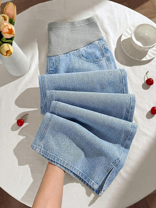 Light Wash Blue Maternity Wide-Leg Denim Jeans with Elastic Waist and Slant Pockets – Loose Fit Y2K Style Casual Maternity Streetwear