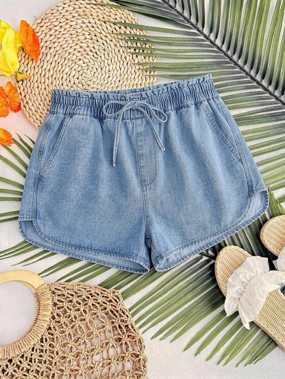 Light Wash Denim Maternity Mini Shorts with Elastic Drawstring Waist – Loose Fit Casual Summer Cotton Shorts for Beach, Y2K Style & Daily Wear