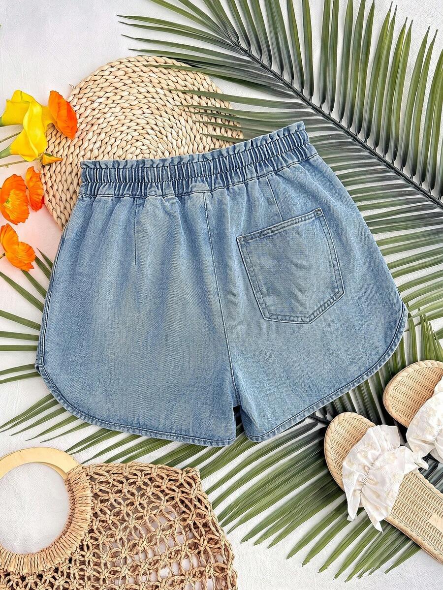 Light Wash Denim Maternity Mini Shorts with Elastic Drawstring Waist – Loose Fit Casual Summer Cotton Shorts for Beach, Y2K Style & Daily Wear