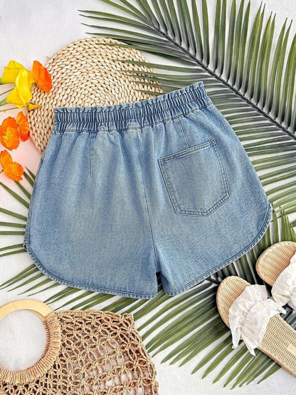 Light Wash Denim Maternity Mini Shorts with Elastic Drawstring Waist – Loose Fit Casual Summer Cotton Shorts for Beach, Y2K Style & Daily Wear