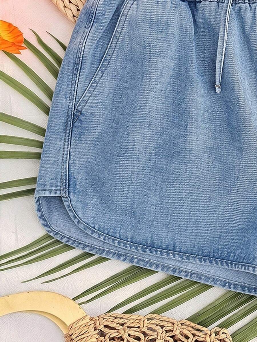 Light Wash Denim Maternity Mini Shorts with Elastic Drawstring Waist – Loose Fit Casual Summer Cotton Shorts for Beach, Y2K Style & Daily Wear
