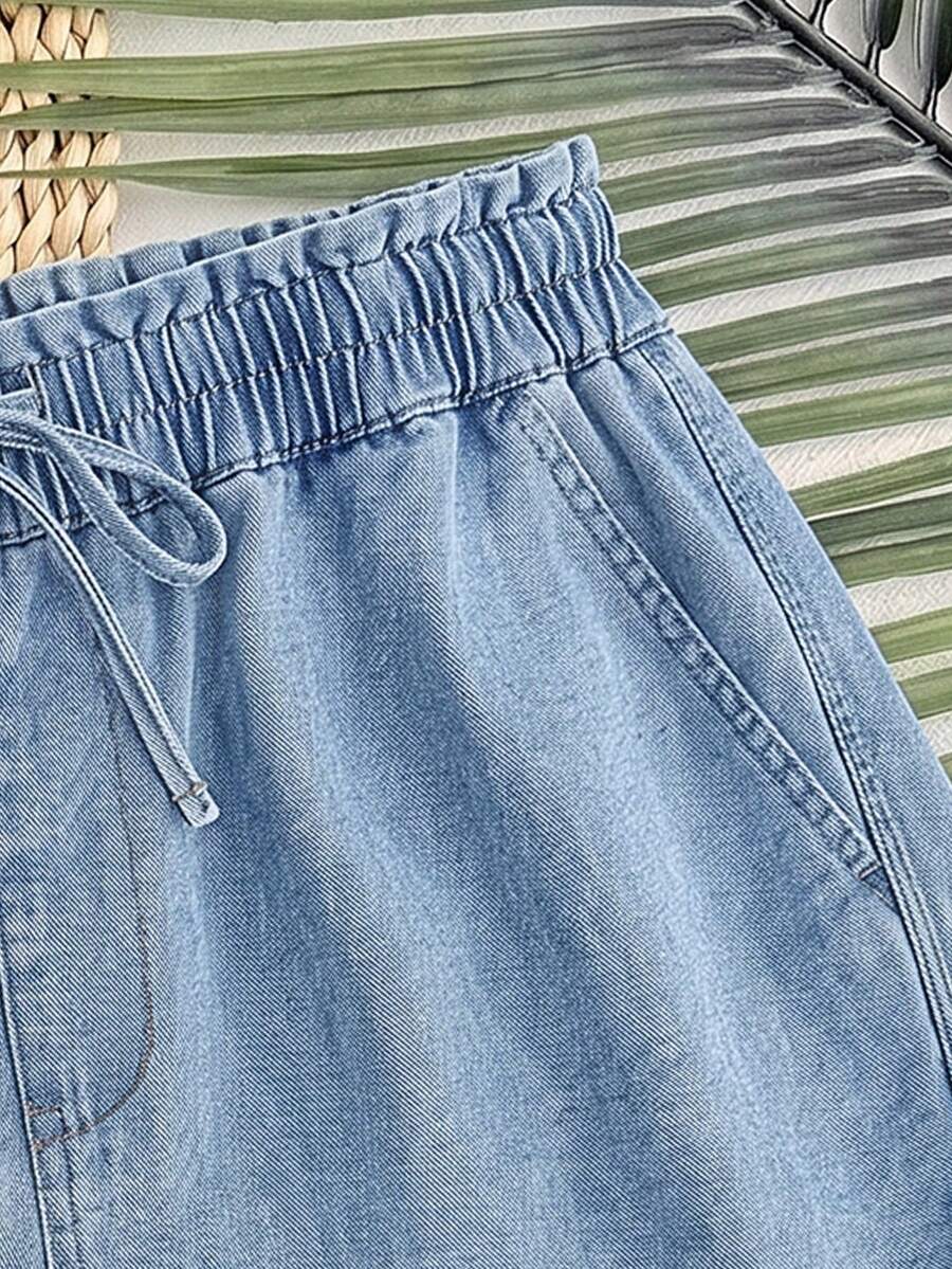 Light Wash Denim Maternity Mini Shorts with Elastic Drawstring Waist – Loose Fit Casual Summer Cotton Shorts for Beach, Y2K Style & Daily Wear