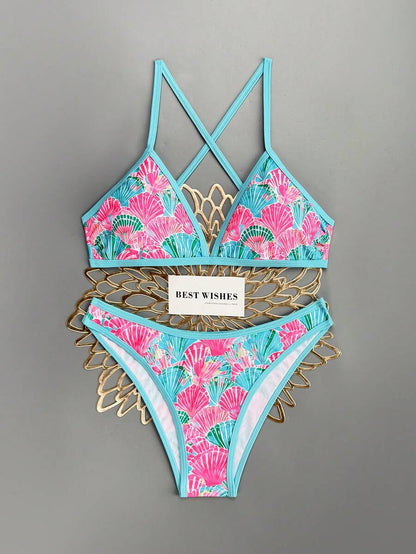 Women's Sporty Triangle Bikini Set - Contrasting Trim, Criss Cross, Spaghetti Strap, Navy Blue