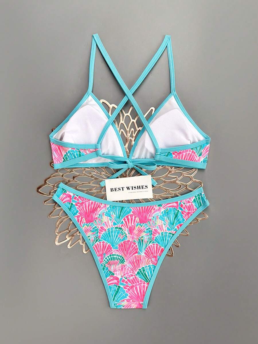 Women's Sporty Triangle Bikini Set - Contrasting Trim, Criss Cross, Spaghetti Strap, Navy Blue