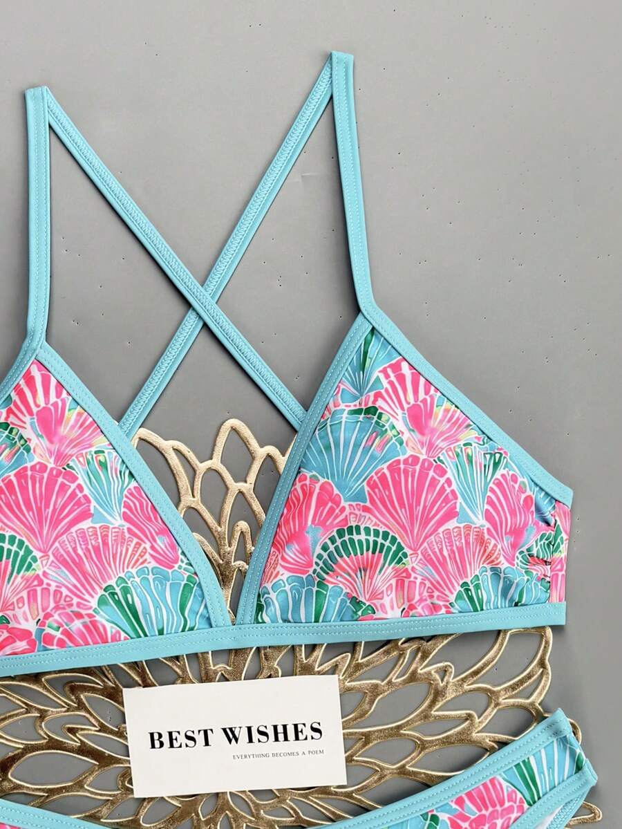 Women's Sporty Triangle Bikini Set - Contrasting Trim, Criss Cross, Spaghetti Strap, Navy Blue