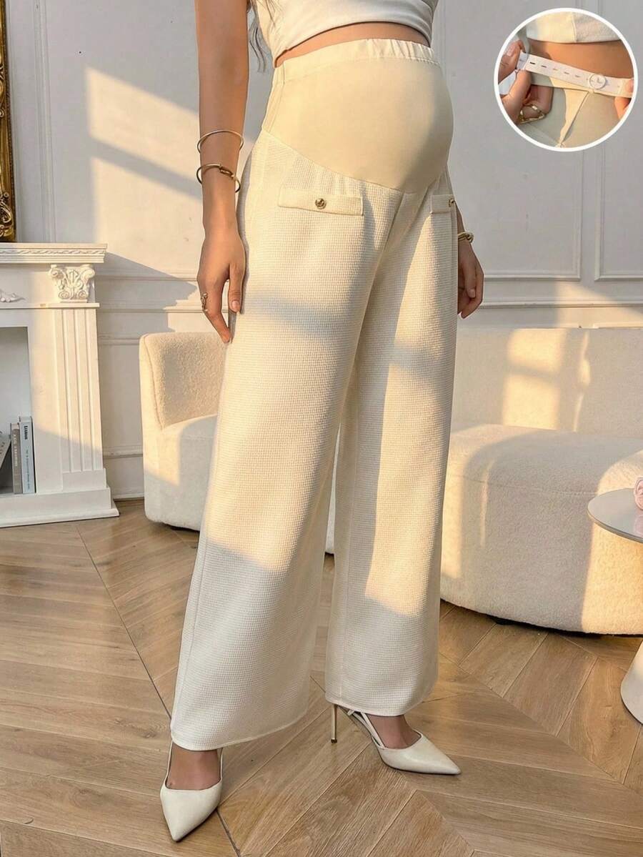 Adjustable Ultra High Waist Maternity Wide Leg Pants - Apricot Straight Leg Office Trousers for Pregnant Women - Loose Fit Winter Woven Pants