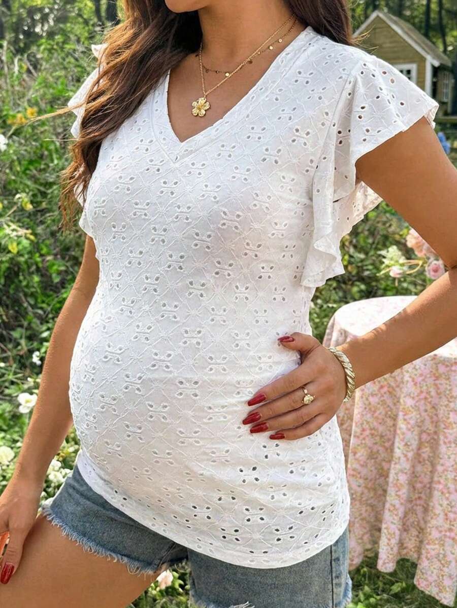 White Plant Embroidered V-Neck Maternity T-Shirt with Textured Flounce Cap Sleeves and Medium Stretch Slim Fit Casual Summer Top