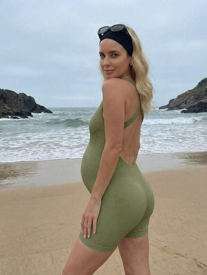 Maternity Casual Solid Color Sleeveless Backless Romper For Summer,Word Cup