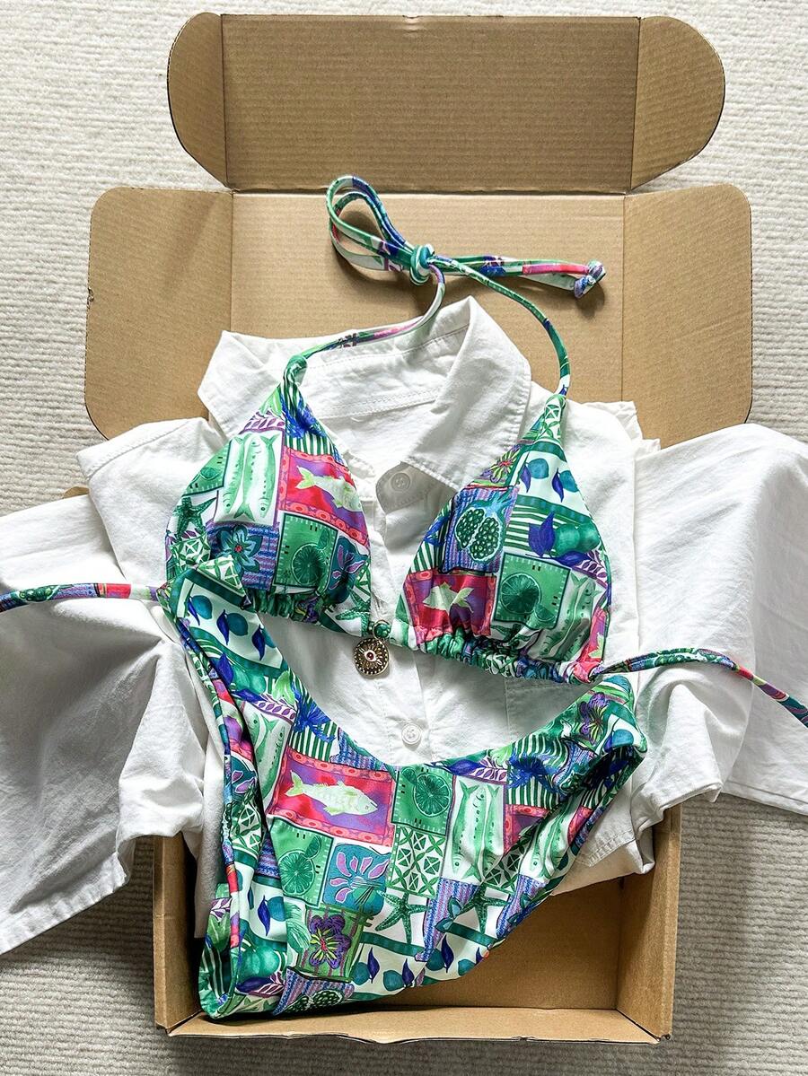Swim Vcay Women's Solid Color Spaghetti Strap Metal Decor Sexy Bikini Set, Summer